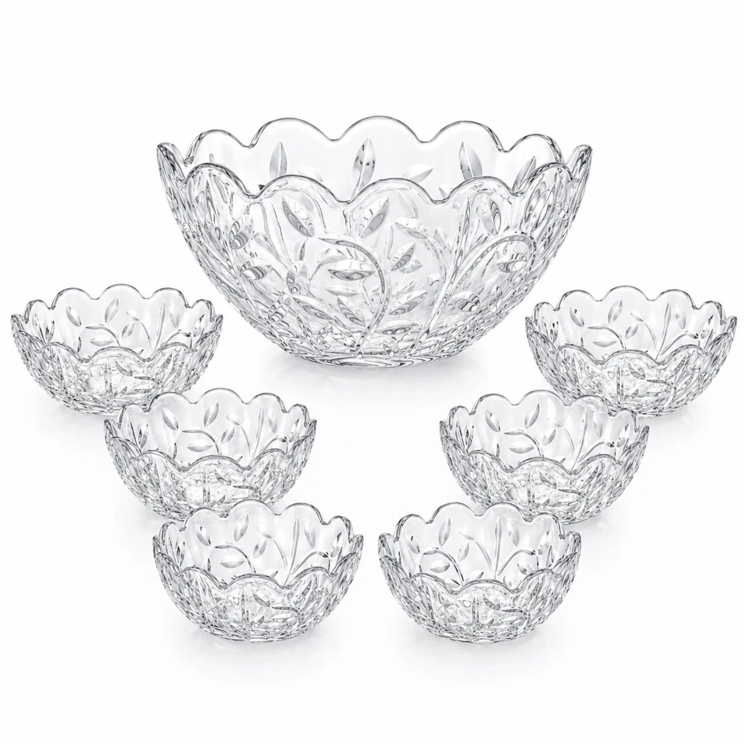 Bol din Sticlă 7/set, Model Cristal Floral, cu 6 Boluri Mici și Bol Mare 23x10cm, Transparent