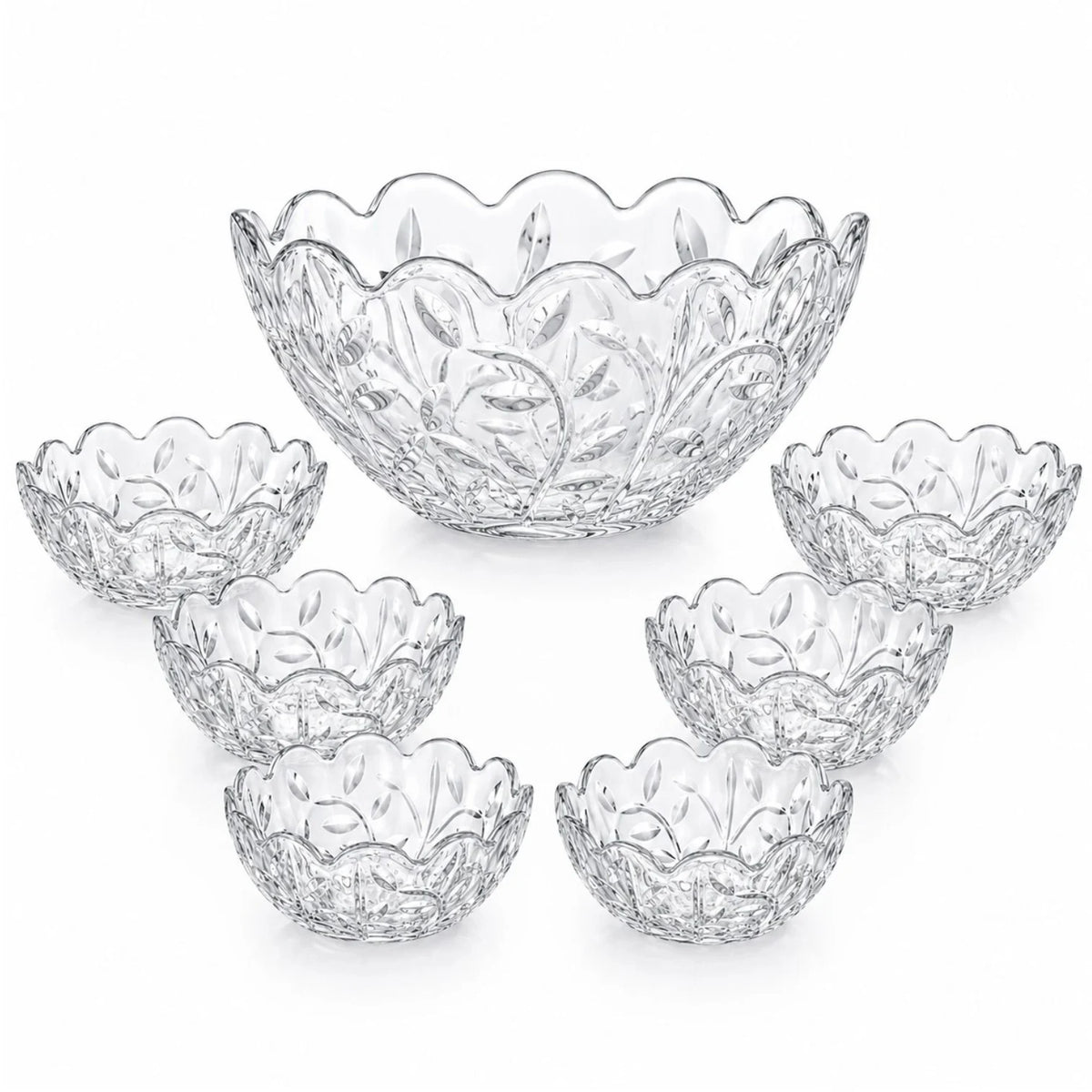 Bol din Sticlă 7/set, Model Cristal Floral, cu 6 Boluri Mici și Bol Mare 23x10cm, Transparent