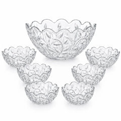 Bol din Sticlă 7/set, Model Cristal Floral, cu 6 Boluri Mici și Bol Mare 23x10cm, Transparent