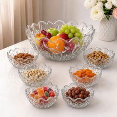 Bol din Sticlă 7/set, Model Cristal Floral, cu 6 Boluri Mici și Bol Mare 23x10cm, Transparent