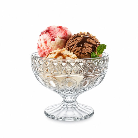 Cupă pentru Înghețată 6/set, din Sticlă 8.5x10.5cm, cu Picior, Model Cristal Floral Transparent&nbsp;