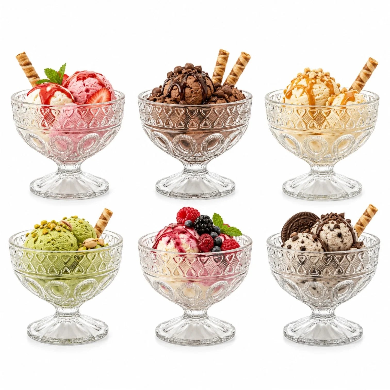 Cupă pentru Înghețată 6/set, din Sticlă 8.5x10.5cm, cu Picior, Model Cristal Floral Transparent&nbsp;