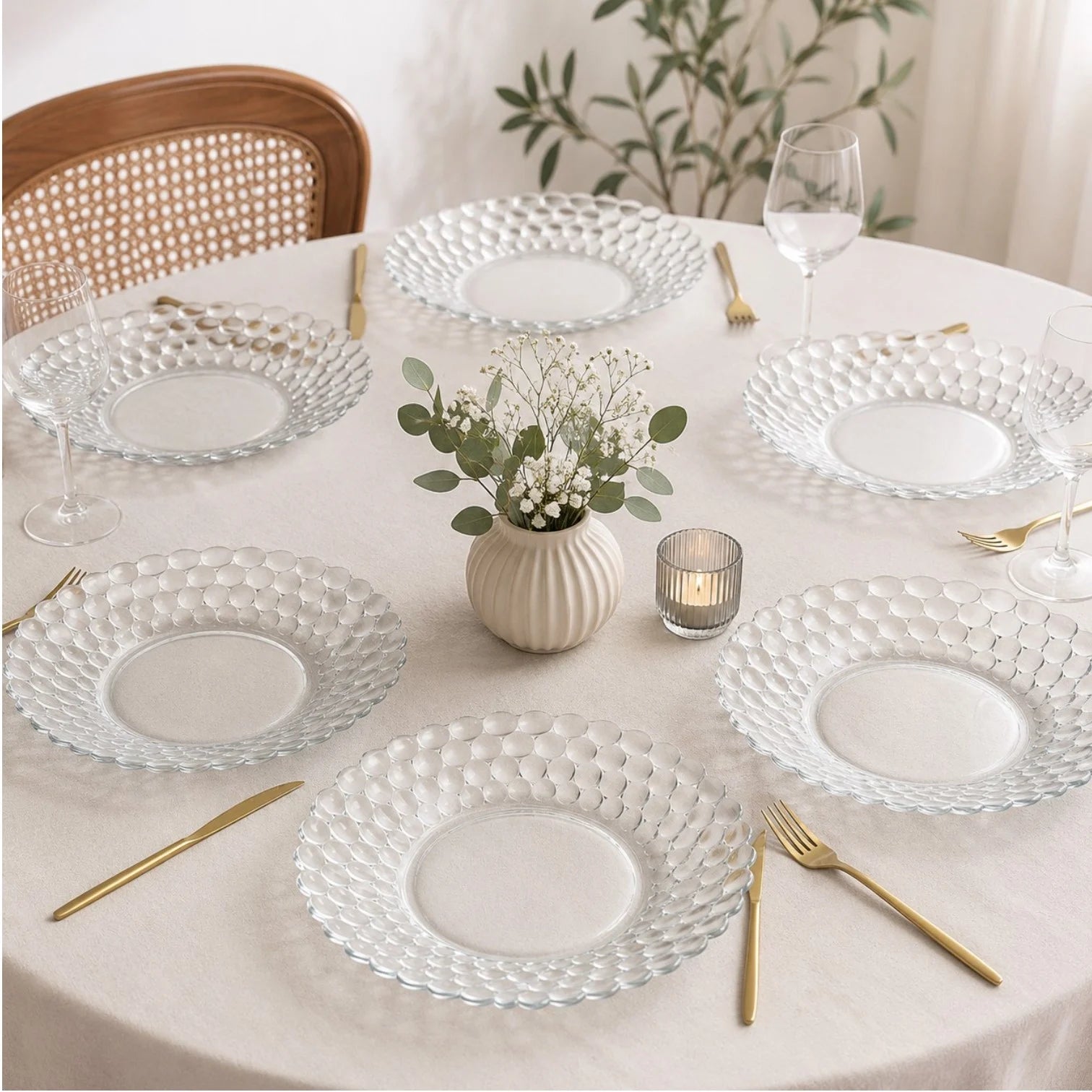 Farfurie Adâncă 12/set, din Sticlă 22cm, Model Solzi, Transparentă
