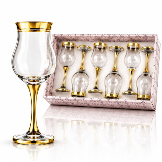 Pahar cu Picior 6/set, din Sticlă 20cm, Model cu Margine Aurie, Transparent