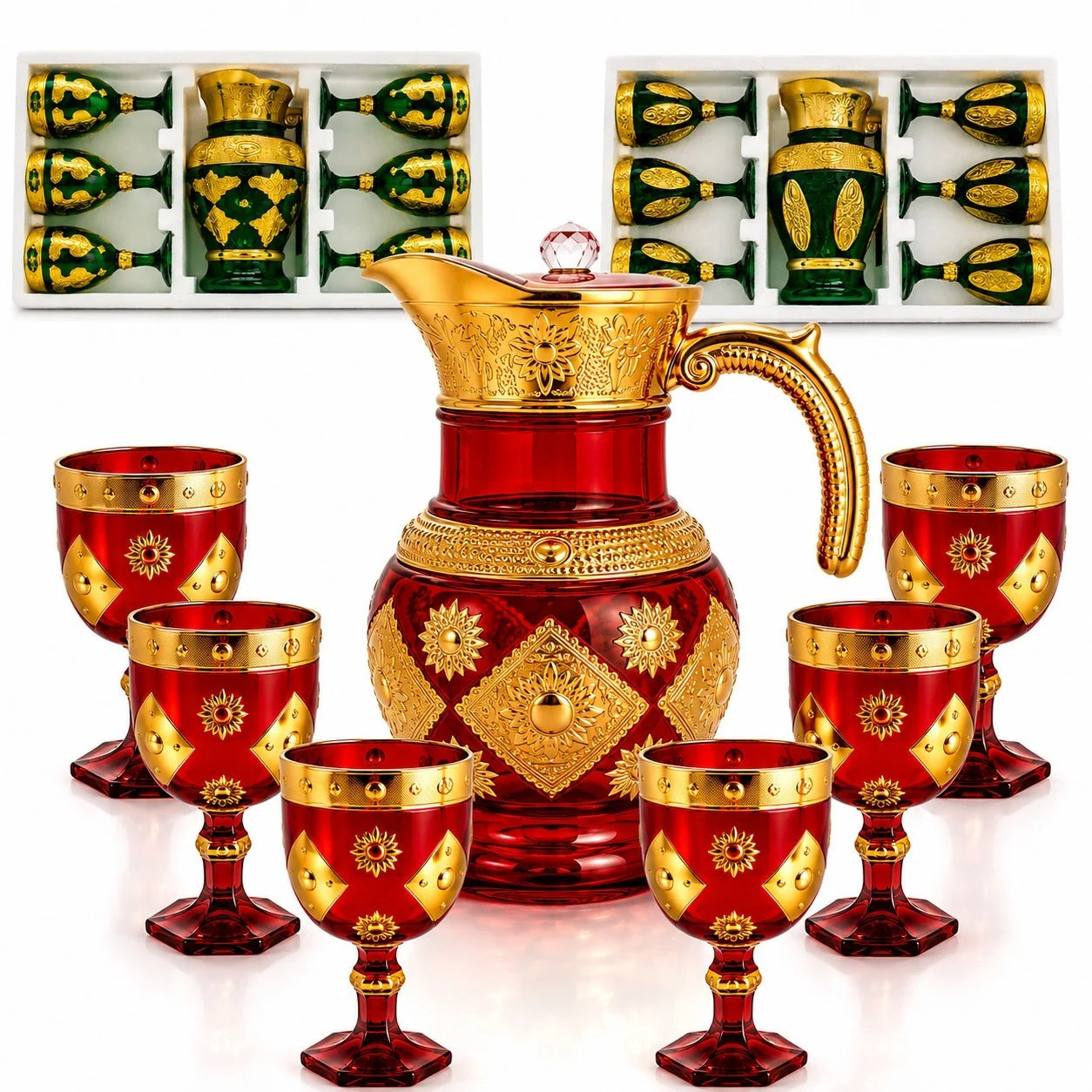 Carafă 25x15cm, cu 6 Pahare 13cm din Sticlă, Model Lux Oriental, Diferite Culori