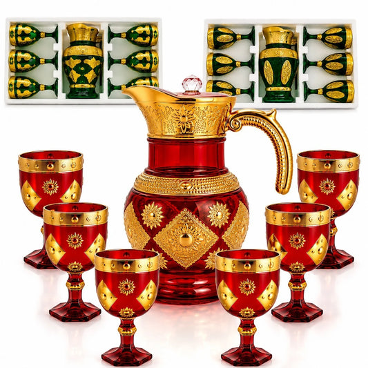 Carafă 25x15cm, cu 6 Pahare 13cm din Sticlă, Model Lux Oriental, Diferite Culori