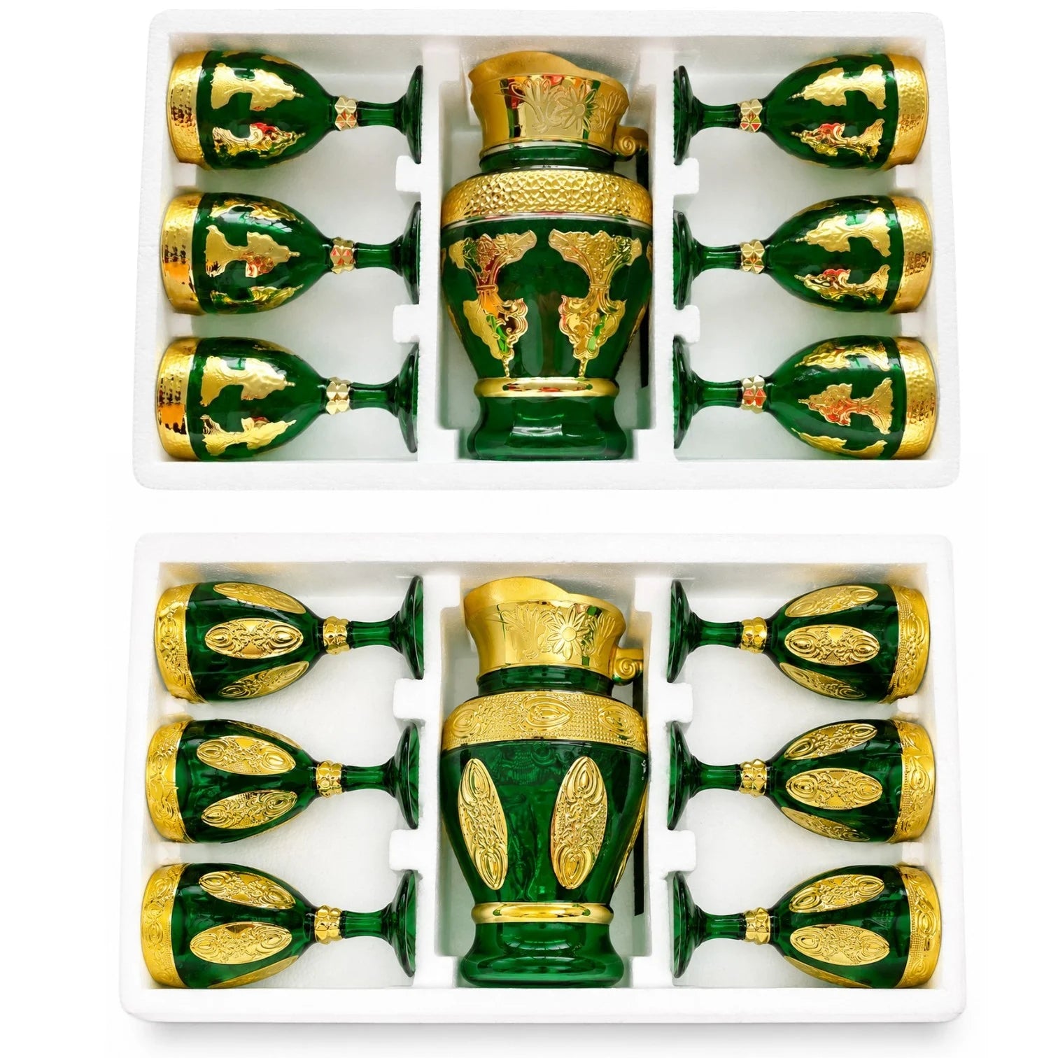 Carafă 25x15cm, cu 6 Pahare 13cm din Sticlă, Model Lux Oriental, Diferite Culori