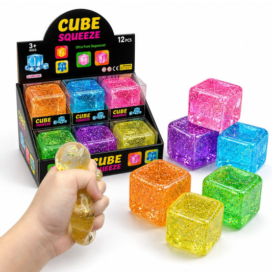 Cub Antistres, Glitter Ice Cube 4x4cm, Jucărie Senzorială Squishy din Gel Elastic, cu Textură Crystal Stretch &amp; Squeeze&nbsp;