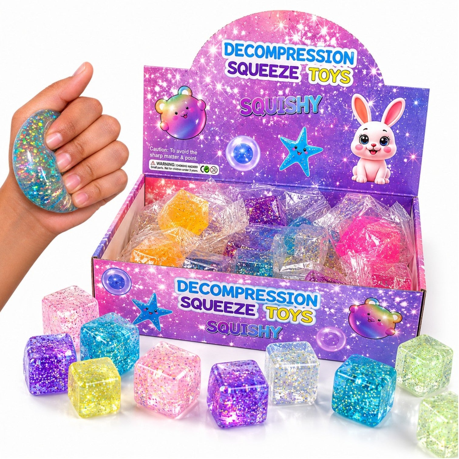 Cub Antistres Glitter 24/set, Ice Cube 3x3cm, Jucărie Senzorială Squishy din Gel Elastic, Stretch &amp; Squeeze, Diferite Culori&nbsp;