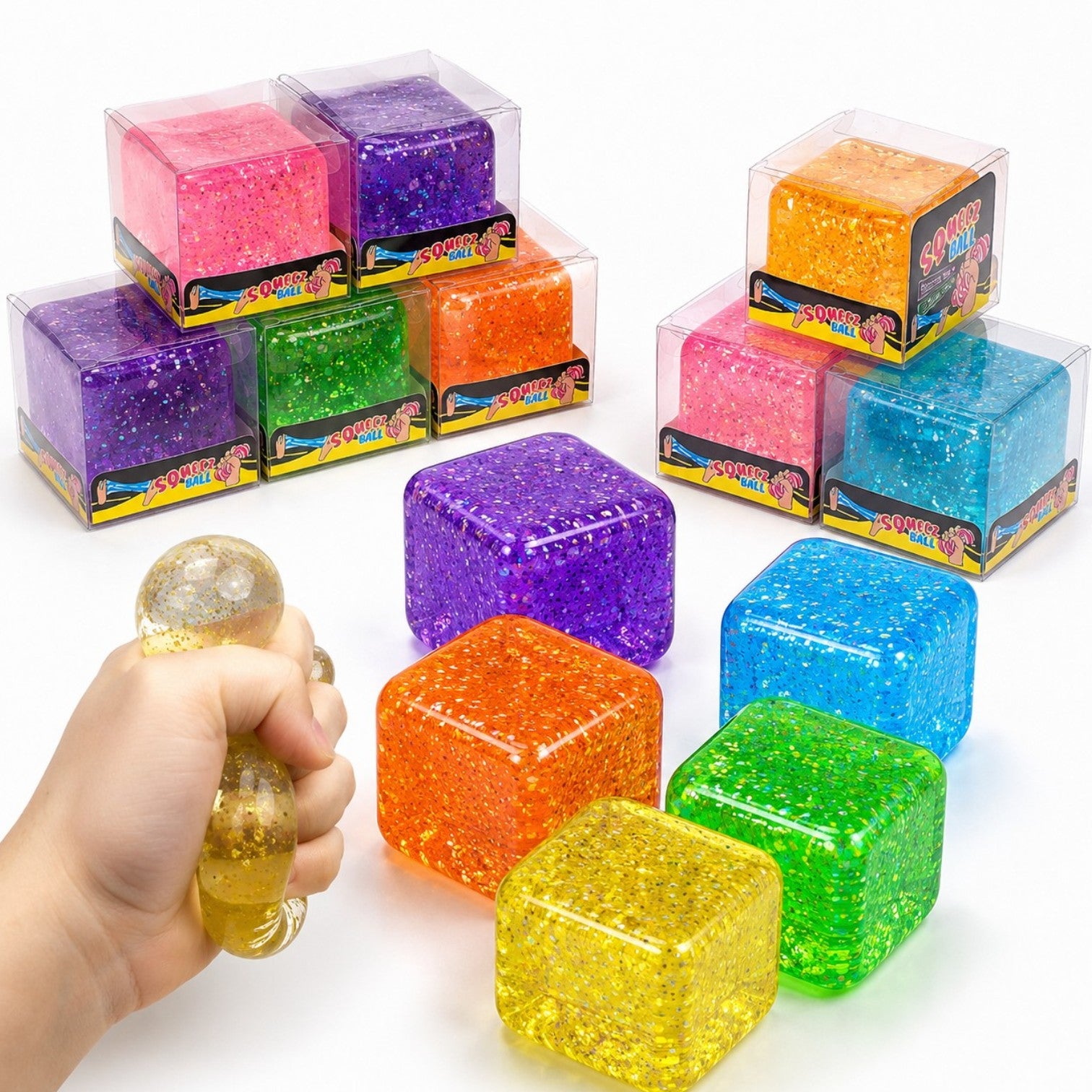 Cub Antistres, Glitter Ice Cube 4x4cm, Jucărie Senzorială Squishy din Gel Elastic, cu Textură Crystal Stretch &amp; Squeeze&nbsp;
