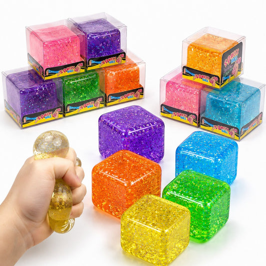 Cub Antistres, Glitter Ice Cube 4x4cm, Jucărie Senzorială Squishy din Gel Elastic, cu Textură Crystal Stretch &amp; Squeeze&nbsp;