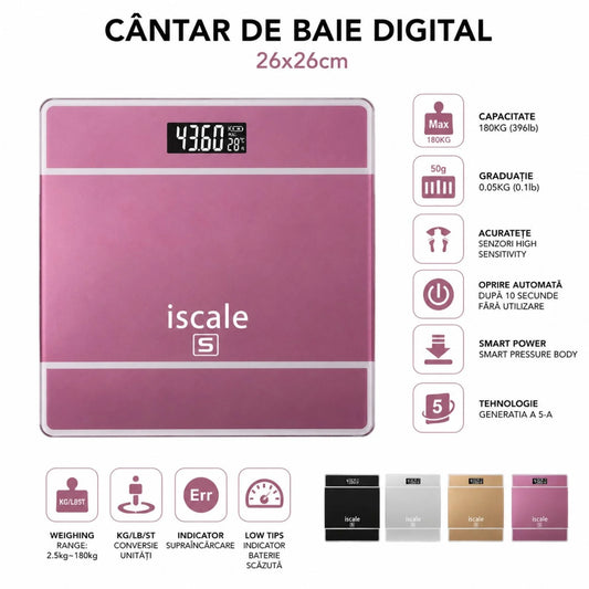 Cântar Electronic de Baie 26x26cm, Afișaj LCD, Capacitate 180kg, 2 Baterii Incluse, Diferite Culori