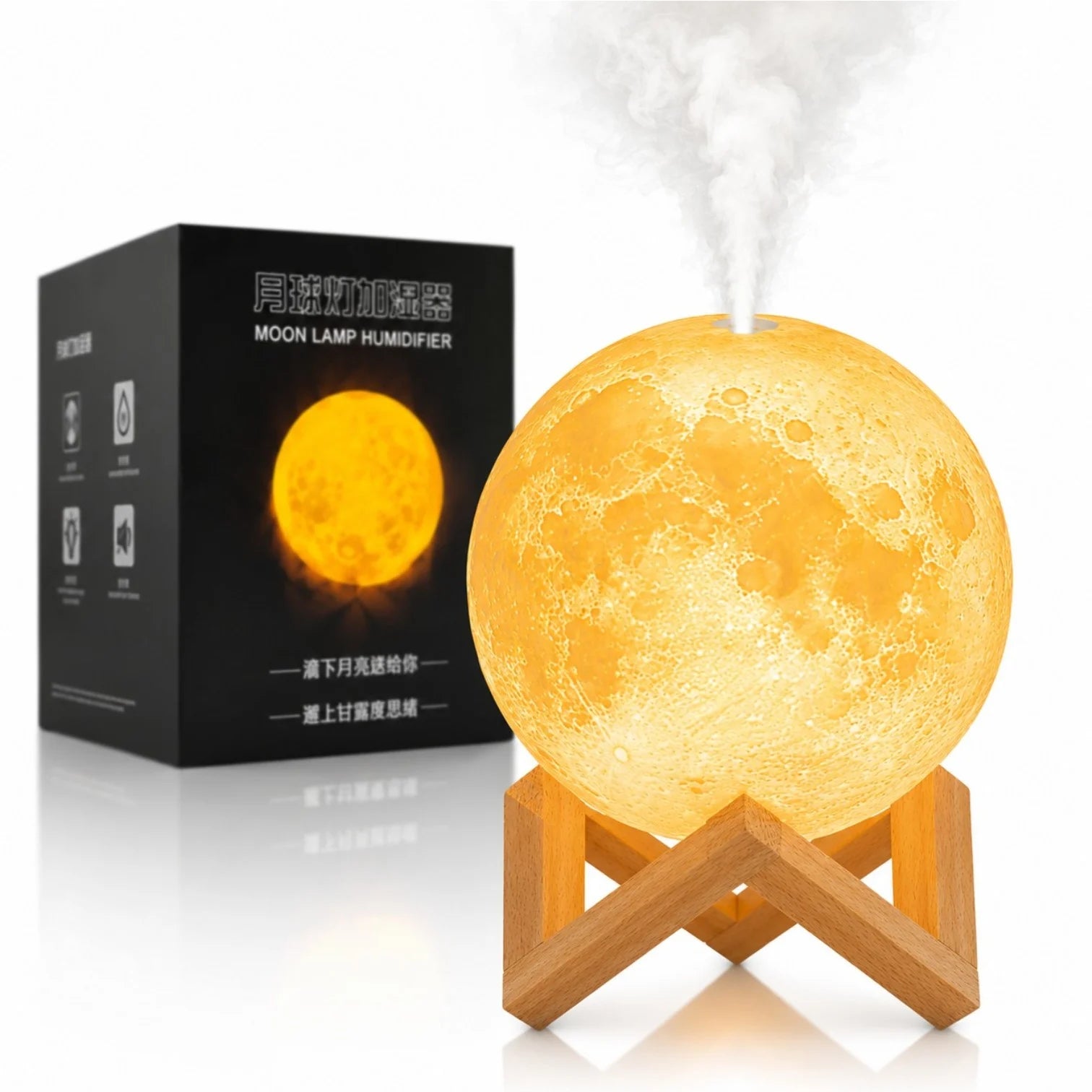Lampa LED Luna 3D, cu Umidificator și Difuzor Aromaterapie 15cm, 3 Moduri de Iluminare, USB, Suport din Lemn&nbsp;