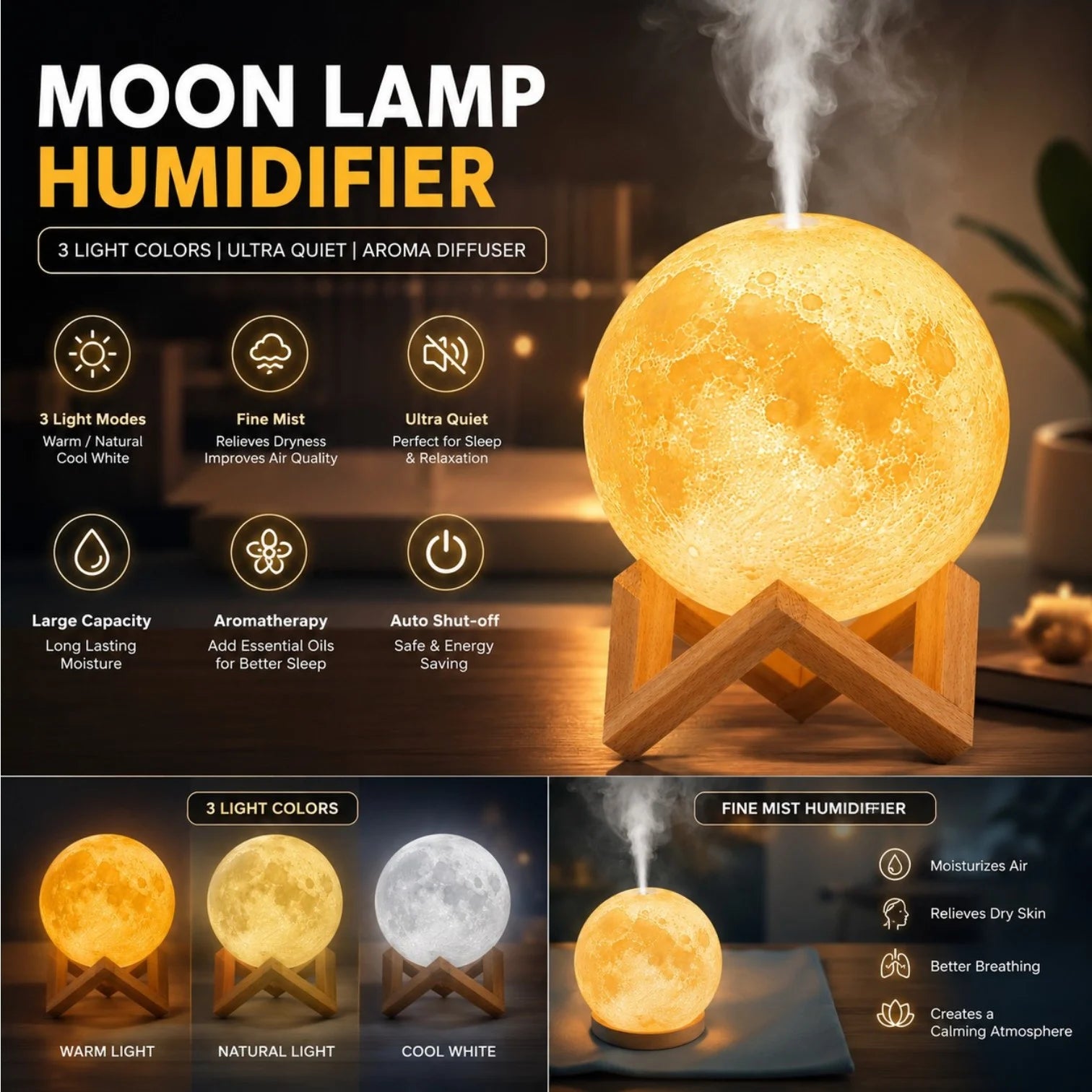 Lampa LED Luna 3D, cu Umidificator și Difuzor Aromaterapie 15cm, 3 Moduri de Iluminare, USB, Suport din Lemn&nbsp;