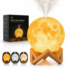 Lampa LED Luna 3D, cu Umidificator și Difuzor Aromaterapie 15cm, 3 Moduri de Iluminare, USB, Suport din Lemn&nbsp;