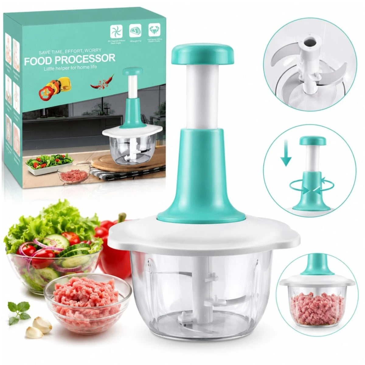 Tocator Manual 1.5L Multifuncțional, cu 3 Lame din Oțel Inoxidabil, 27cm, pentru Legume și Carne&nbsp;