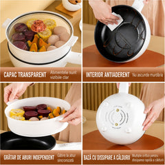 Tigaie Electrică Multifuncțională 26 cm, cu Tavă pentru Gătire la Abur, Strat Ceramic Antiaderent, Capac din Sticlă, Afișaj Digital și Control al Temperaturii