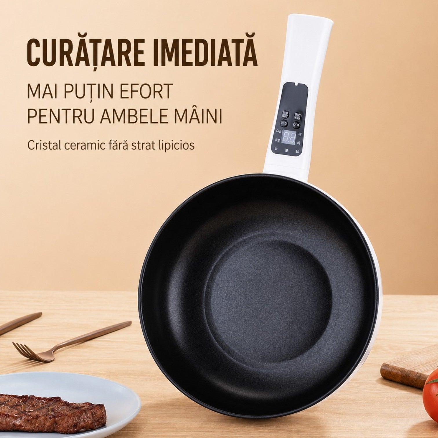 Tigaie Electrică Multifuncțională 26 cm, cu Tavă pentru Gătire la Abur, Strat Ceramic Antiaderent, Capac din Sticlă, Afișaj Digital și Control al Temperaturii