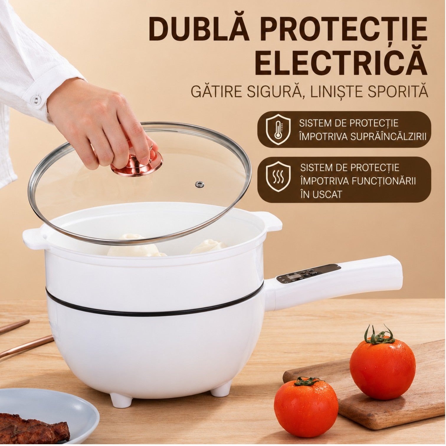 Tigaie Electrică Multifuncțională 26 cm, cu Tavă pentru Gătire la Abur, Strat Ceramic Antiaderent, Capac din Sticlă, Afișaj Digital și Control al Temperaturii
