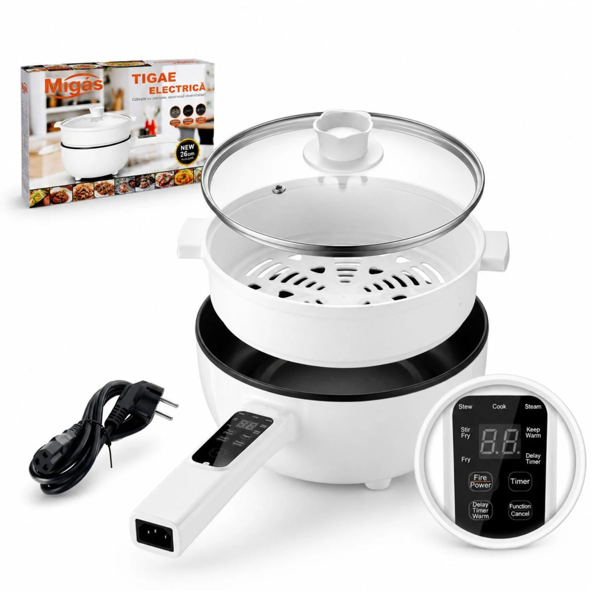 Tigaie Electrică Multifuncțională 26 cm, cu Tavă pentru Gătire la Abur, Strat Ceramic Antiaderent, Capac din Sticlă, Afișaj Digital și Control al Temperaturii