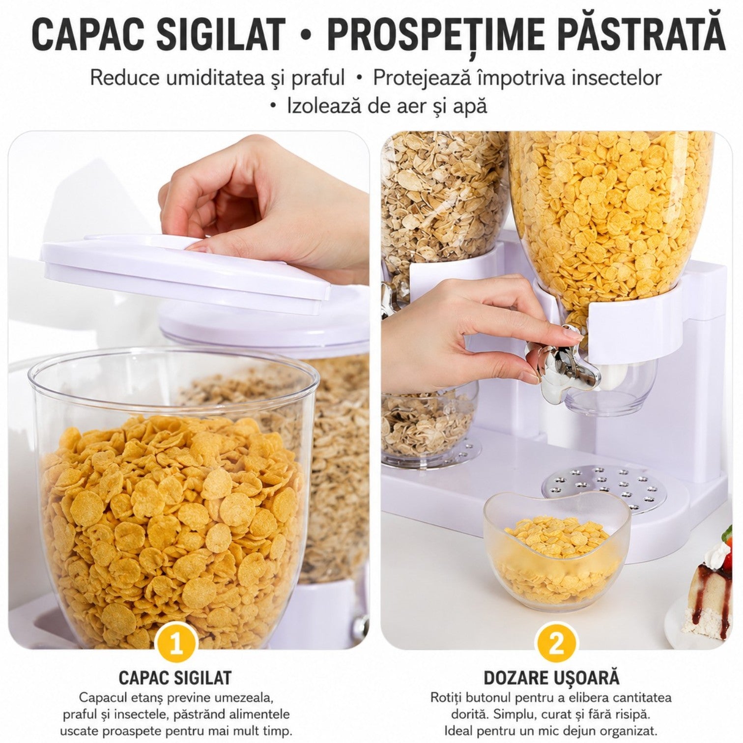 Dispenser Dublu 2L pentru Cereale, 35×19cm, cu Dozare prin Rotație și Capace