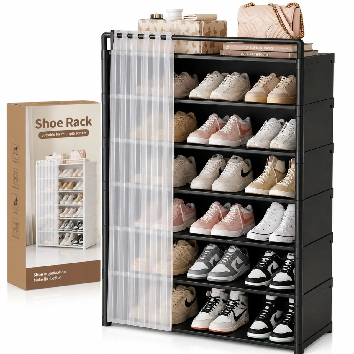 Dulap Organizator pentru Pantofi 105×68×28cm, Pantofar cu 7 Niveluri, cu Husă Antipraf și Structură Metalică, Diferite Culori&nbsp;