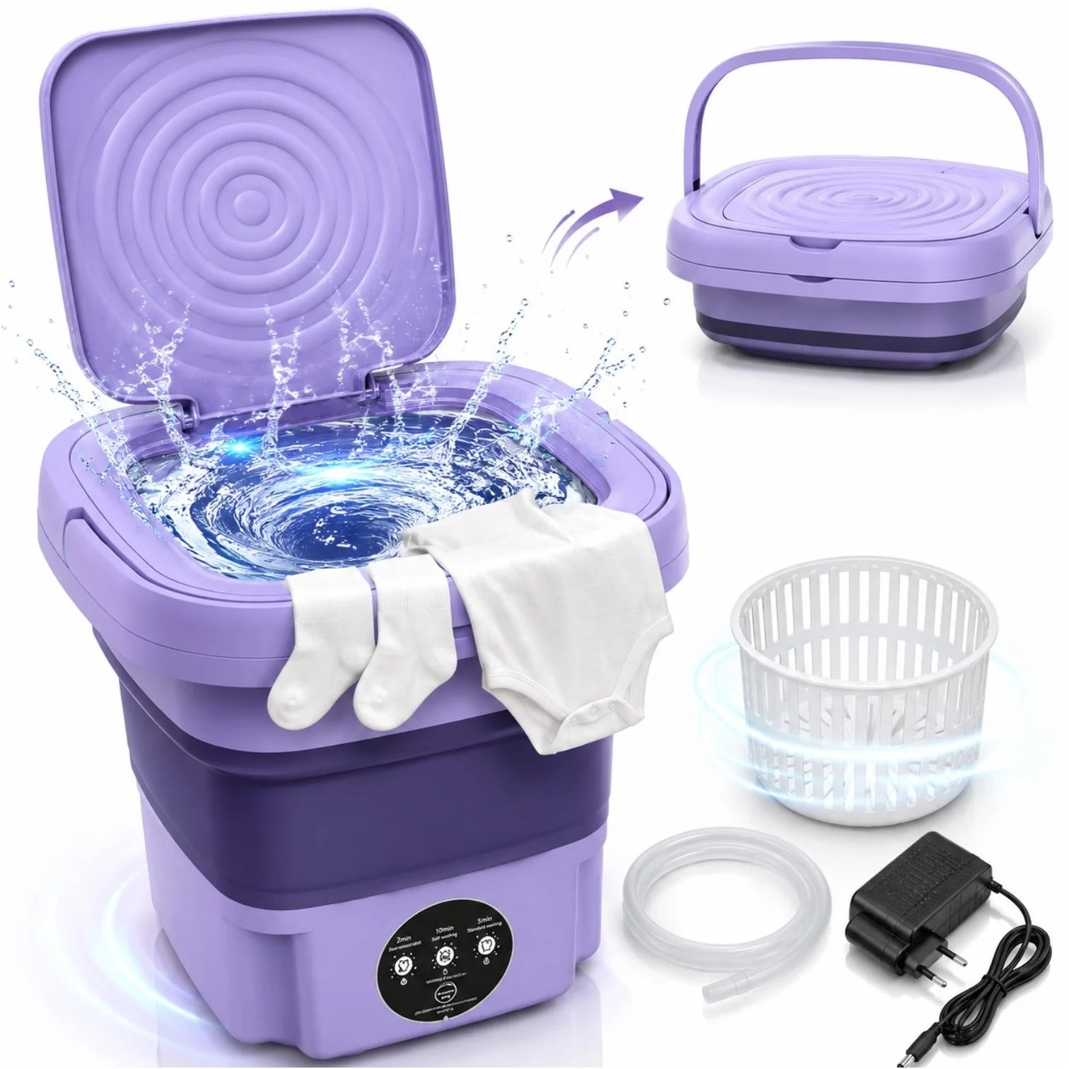 Mini Masina de Spalat Electrică Pliabilă 27×27×20cm, cu Panou de Comandă Tactil, Centrifugare, 11L si Alimentare 12V, pentru Haine