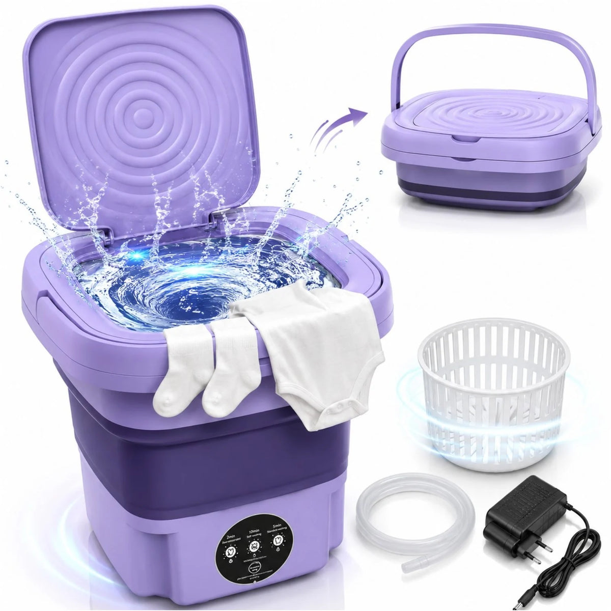 Mini Masina de Spalat Electrică Pliabilă 27×27×20cm, cu Panou de Comandă Tactil, Centrifugare, 11L si Alimentare 12V, pentru Haine