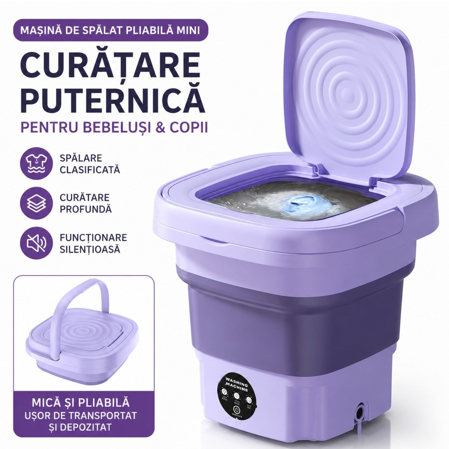 Mini Masina de Spalat Electrică Pliabilă 27×27×20cm, cu Panou de Comandă Tactil, Centrifugare, 11L si Alimentare 12V, pentru Haine