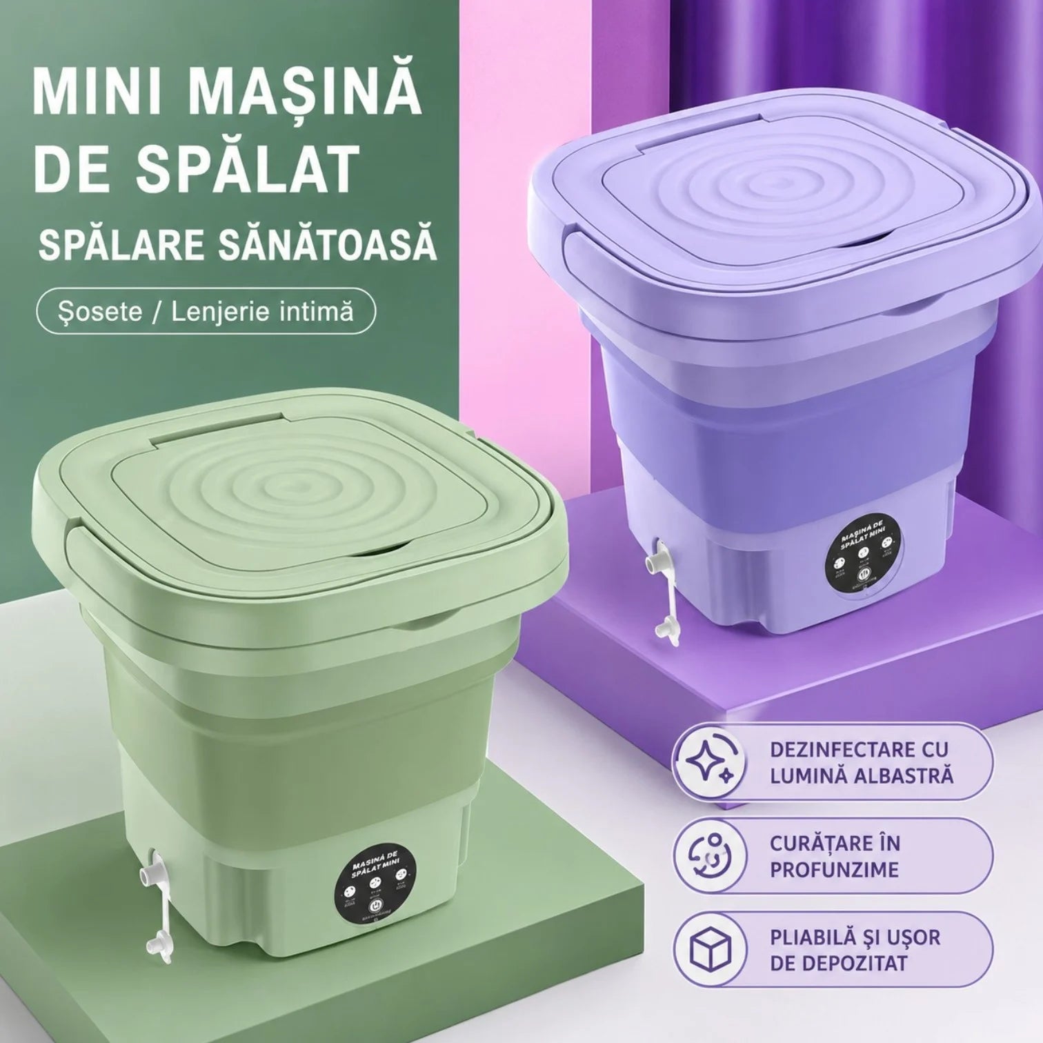 Mini Masina de Spalat Electrică Pliabilă 27×27×20cm, cu Panou de Comandă Tactil, Centrifugare, 11L si Alimentare 12V, pentru Haine