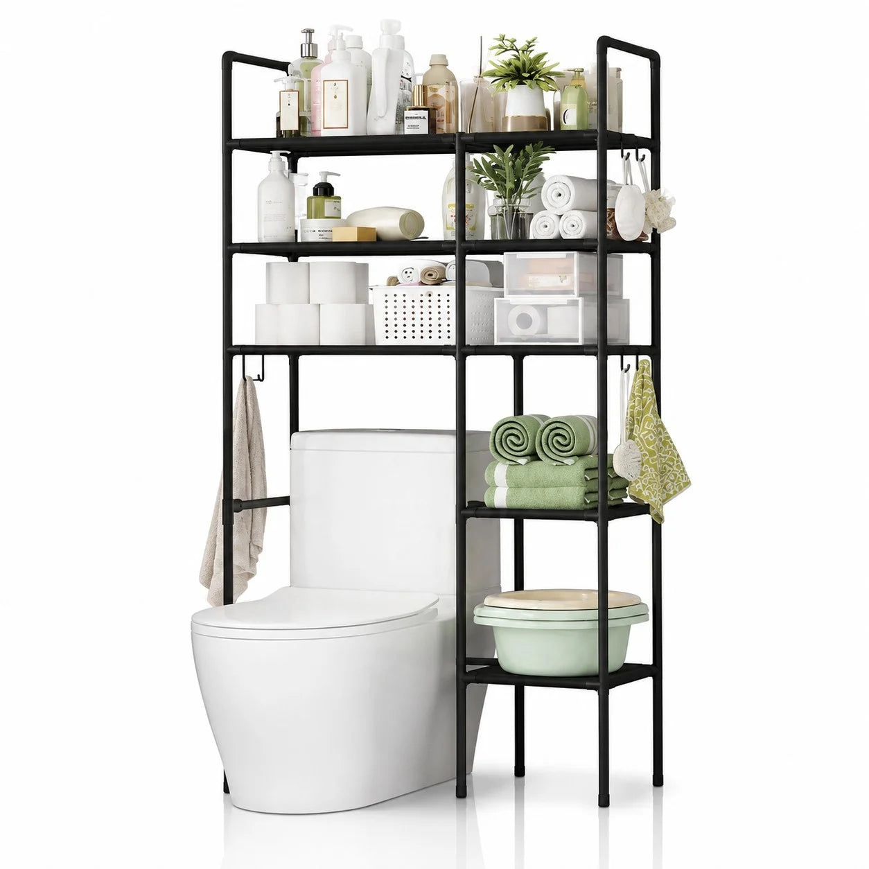 Raft Organizator pentru Toaletă 155×57×25cm, 5 Polițe, Cadru Metalic, Suport Depozitare pentru Baie, Diferite Culori&nbsp;