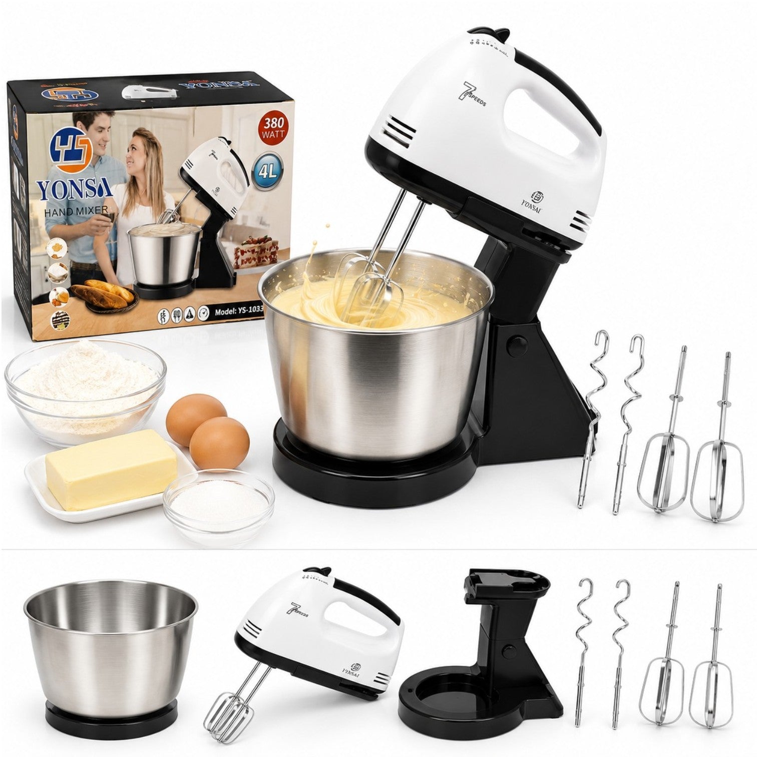 Mixer Electric cu Bol din Inox 4L, 380W, 7 Trepte de Viteză, Accesorii pentru Mixare și Frământare, Suport Stabil&nbsp;