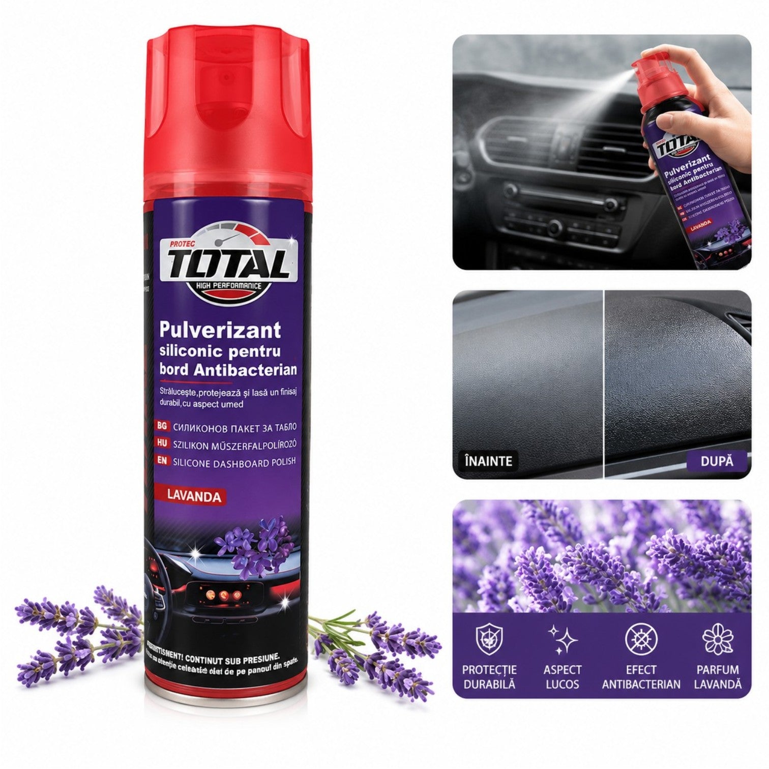 Spray Pulverizant Siliconic pentru Bord Auto 250ml, Antibacterian, Diferite Arome
