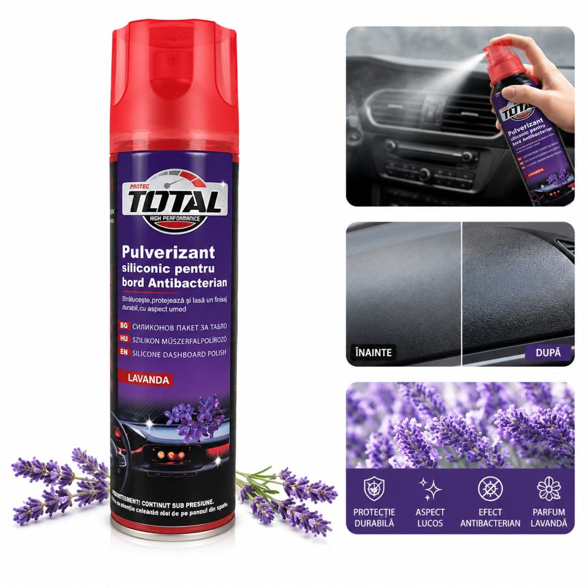 Spray Pulverizant Siliconic pentru Bord Auto 250ml, Antibacterian, Diferite Arome