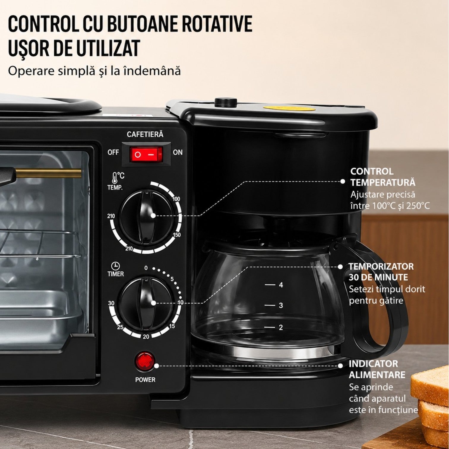 Aparat Multifuncțional 3 în 1 pentru Mic Dejun, 46.7x 28x21cm, Cuptor Electric 9L, Cafetieră 500ml și Plită Superioară, 2800W, SC-206&nbsp;