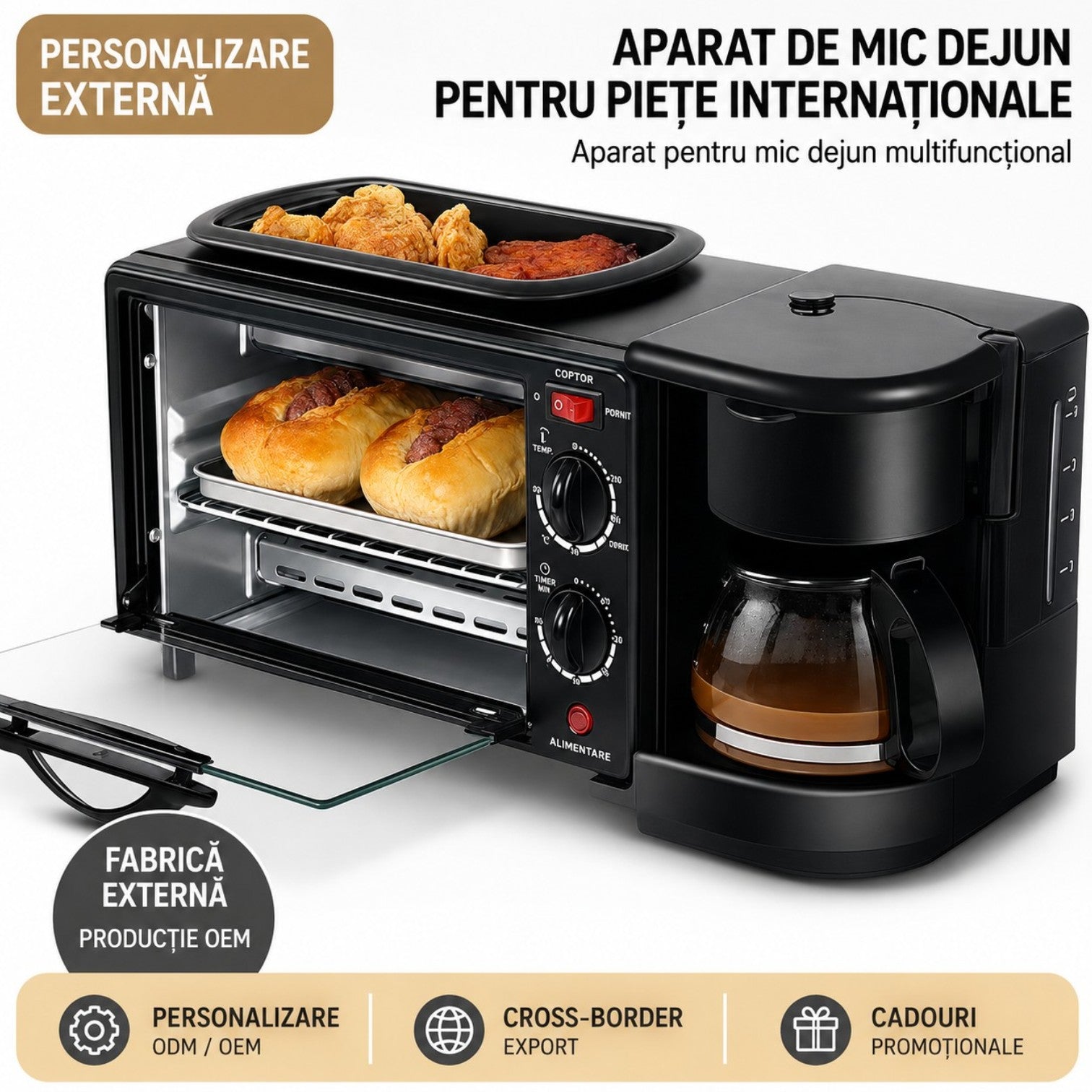 Aparat Multifuncțional 3 în 1 pentru Mic Dejun, 46.7x 28x21cm, Cuptor Electric 9L, Cafetieră 500ml și Plită Superioară, 2800W, SC-206&nbsp;
