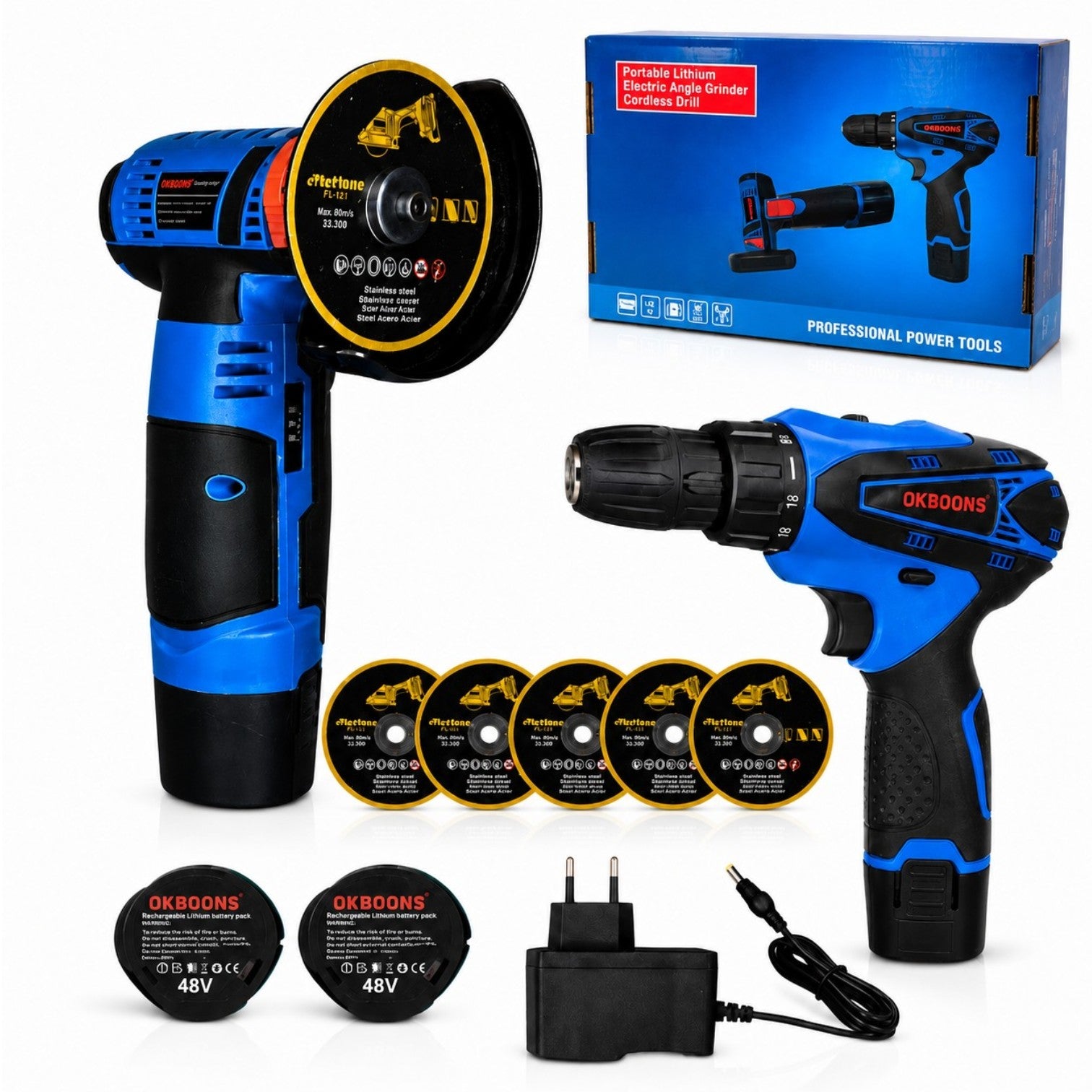 Flex Unghiular și Bormașină cu Acumulator 48V, 2 Baterii, 5 Discuri, Încărcător, OKBOONS