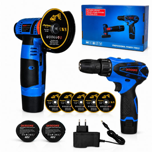 Flex Unghiular și Bormașină cu Acumulator 48V, 2 Baterii, 5 Discuri, Încărcător, OKBOONS