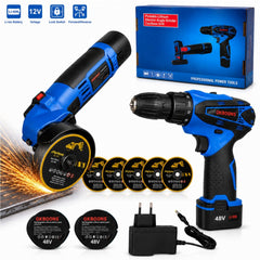 Flex Unghiular și Bormașină cu Acumulator 48V, 2 Baterii, 5 Discuri, Încărcător, OKBOONS