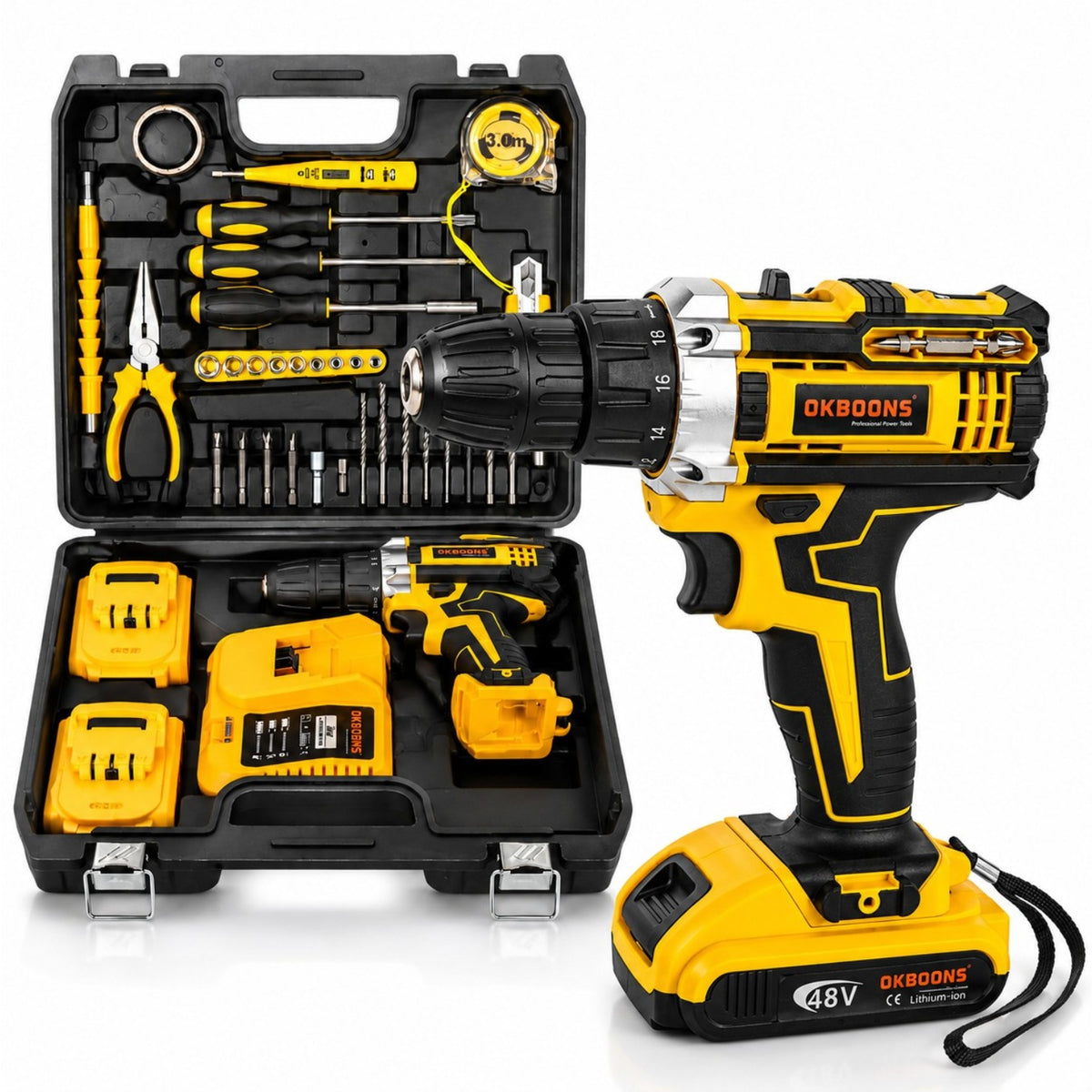 Bormașină cu Acumulator 48V OKBOONS, Set Complet 36 Piese, 2 Acumulatori, Încărcător și Valiză de Transport&nbsp;