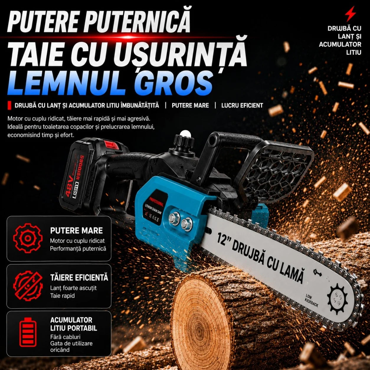 Drujba Electrica cu Acumulator 65cm, Lamă 12, 48V, 2 Acumulatori, Încărcător, Cheie și Cutie de Transport