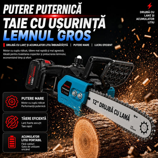 Drujba Electrica cu Acumulator 65cm, Lamă 12, 48V, 2 Acumulatori, Încărcător, Cheie și Cutie de Transport