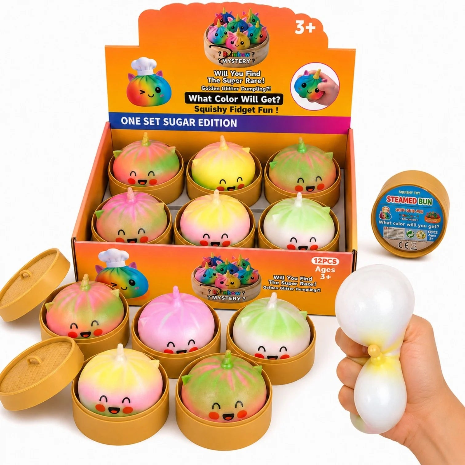 Jucarie Squishy Dumpling, Model Unicorn Curcubeu cu Spumă în Interior 10cm, în Cutie Plastic, Antistres, Super Moale și Elastică, Diferite Culori