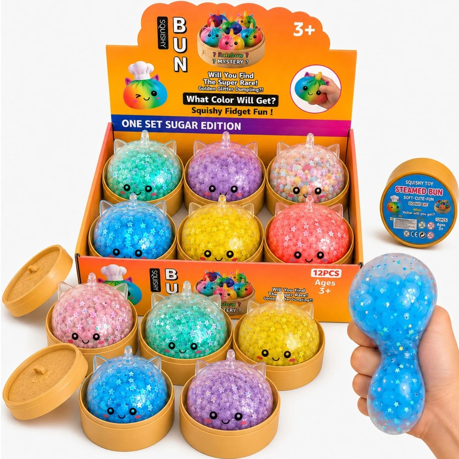 Jucarie Squishy Dumpling, Model Unicorn cu Paiete Sclipitoare și Bile Mari în Interior 10 cm, în Cutie din Plastic, Antistres, Super Moale și Elastică, Diferite Culori