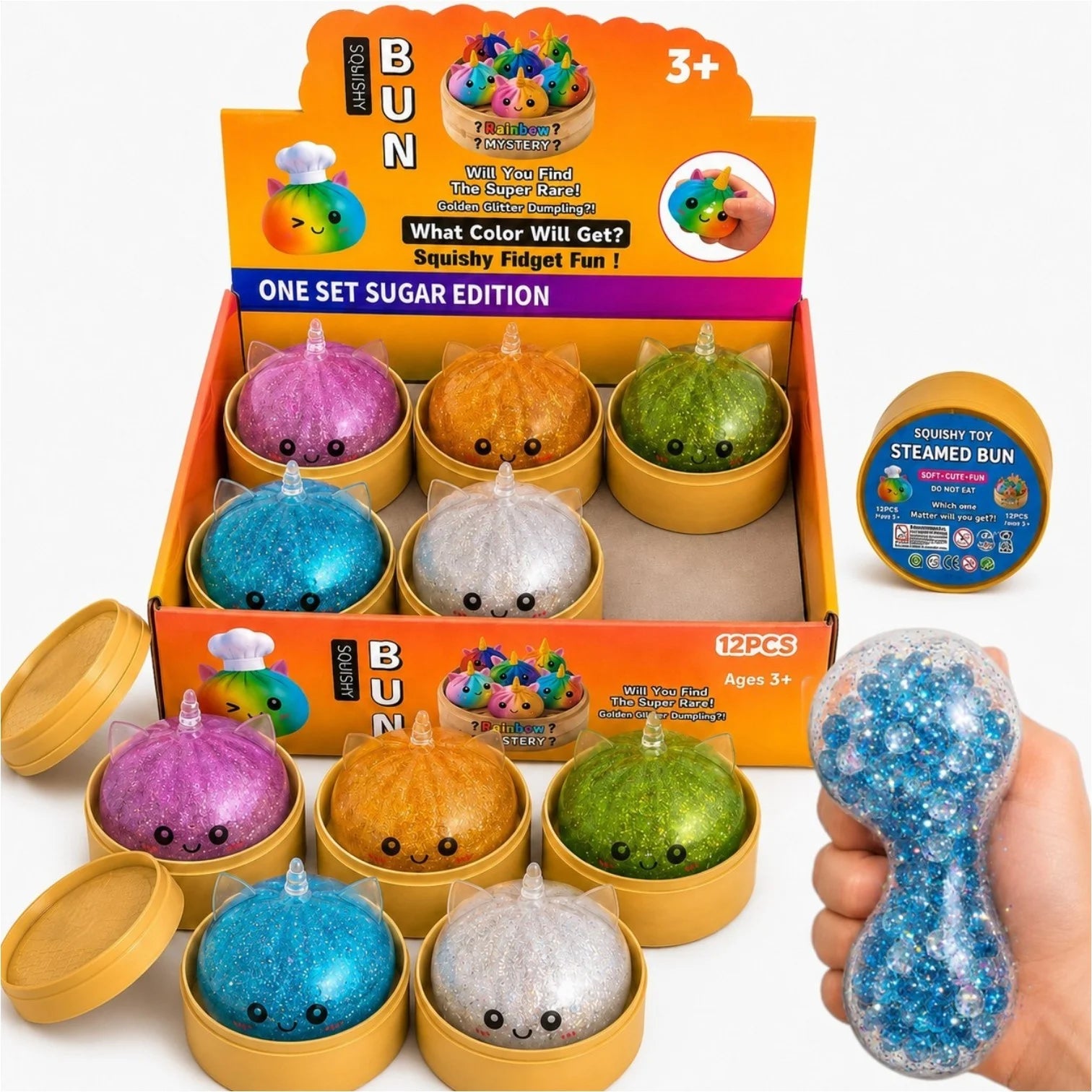 Jucarie Squishy Dumpling, Model Unicorn cu Sclipici și Bile Mari în Interior 10 cm, în Cutie din Plastic, Antistres, Super Moale și Elastică, Diferite Culori