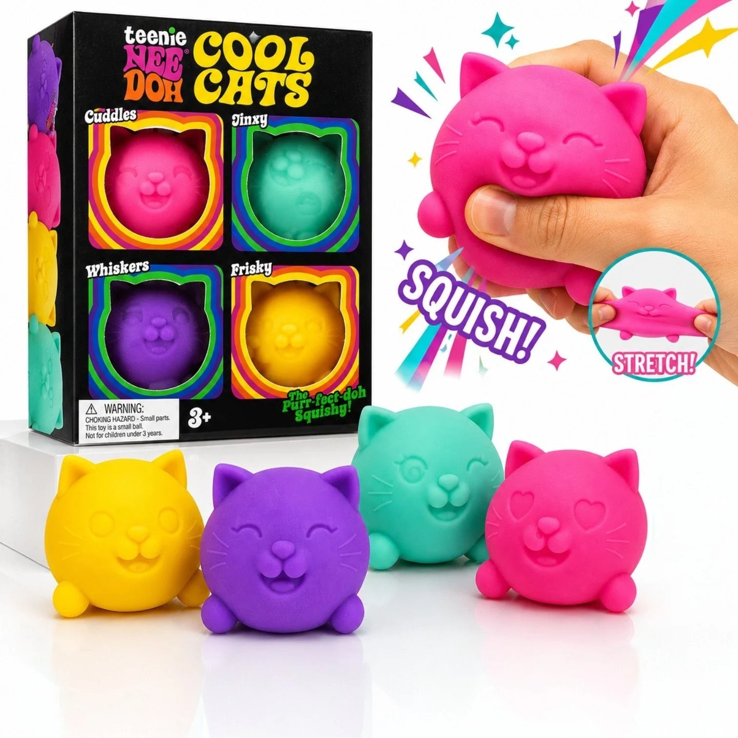 Jucărie Squishy Pisica 4/Set, Model Cool Cats 5cm, Slow Rising, Antistres, Moale și Elastică, Diferite Culori&nbsp;