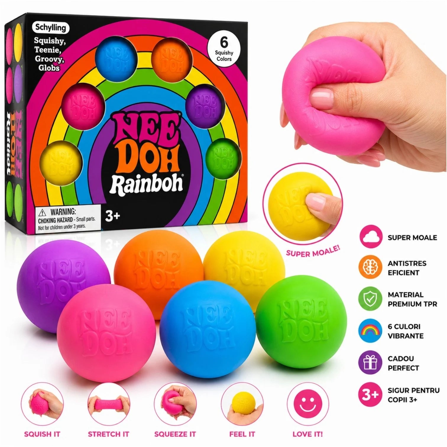 Jucărie Squishy Minge 6/set, Mingi Antistres 4cm Slow Rising, Antistres, Moale și Elastică, Diferite Culori&nbsp;