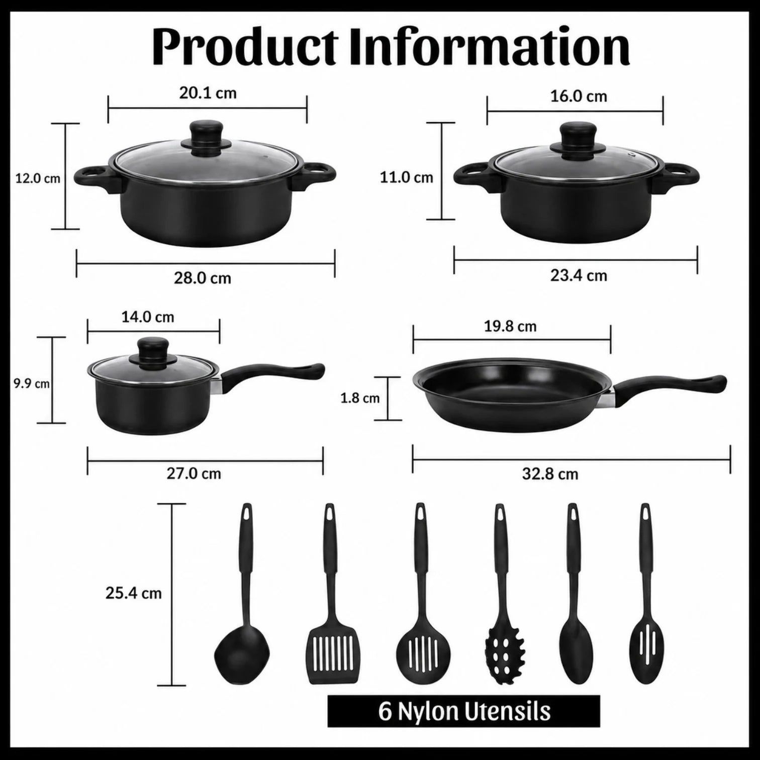 Vase de Gătit 13 Piese, 3 Oale și Tigaie 14–22cm, Antiaderente, 3 Capace din Sticlă Termorezistentă, 6 Ustensile 26cm din Nylon&nbsp;