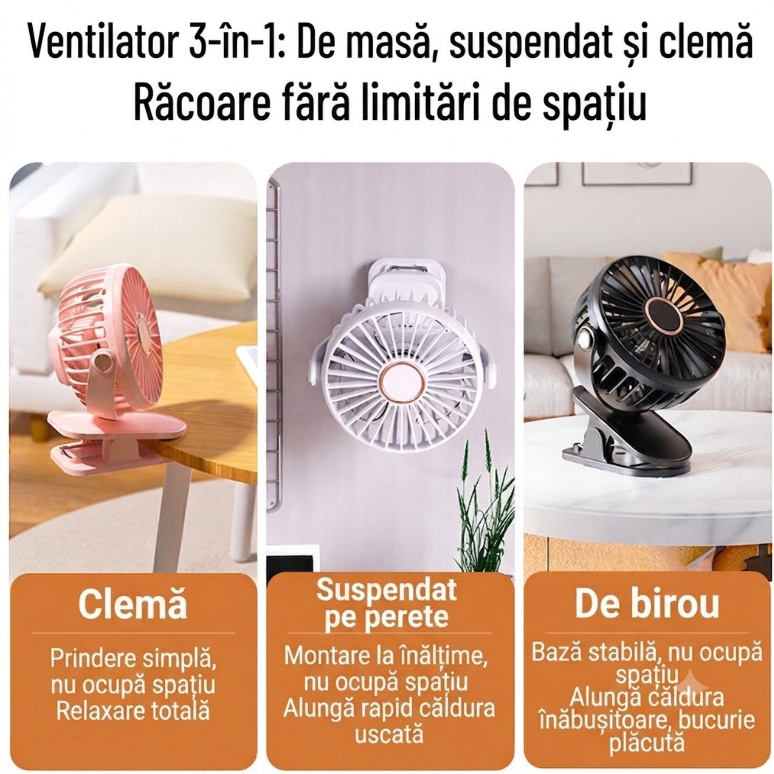 Ventilator Portabil cu Clemă, 20×15cm, USB, Rotire 360°, 3 Trepte de Viteză, Montare pe Birou sau Perete, Silențios, Diferite Culori