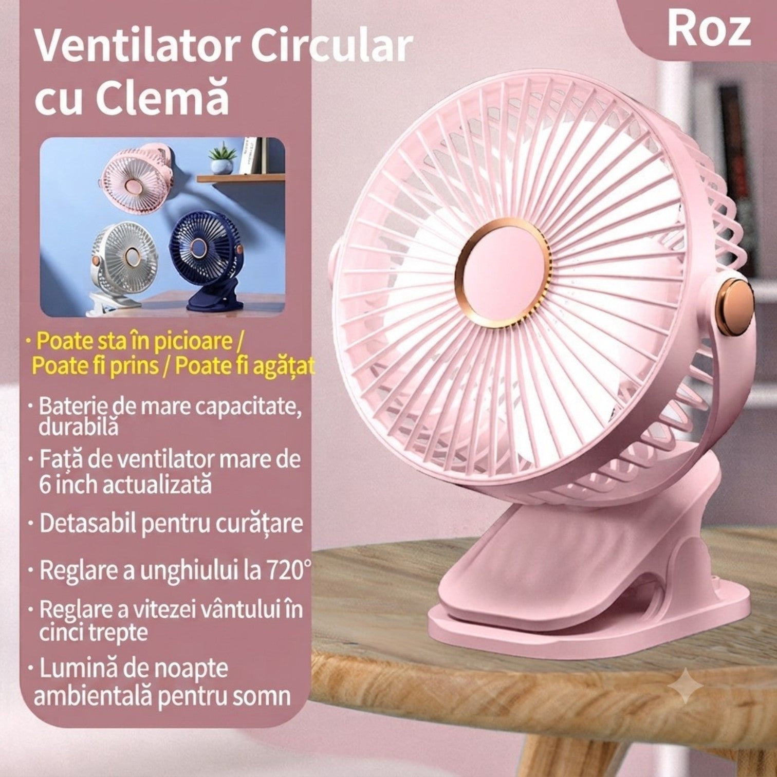 Ventilator Portabil cu Clemă, 20×15cm, USB, Rotire 360°, 3 Trepte de Viteză, Montare pe Birou sau Perete, Silențios, Diferite Culori